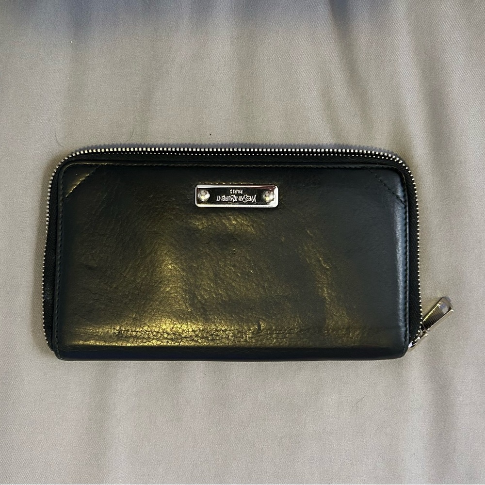 Yves Saint Laurent Black Leather Wallet with Silver Plaque